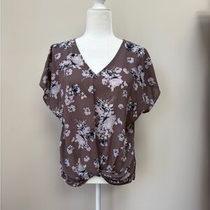 West Kei Brown with Pink, White & Blue Flowers V-Neck Twist Front Blouse